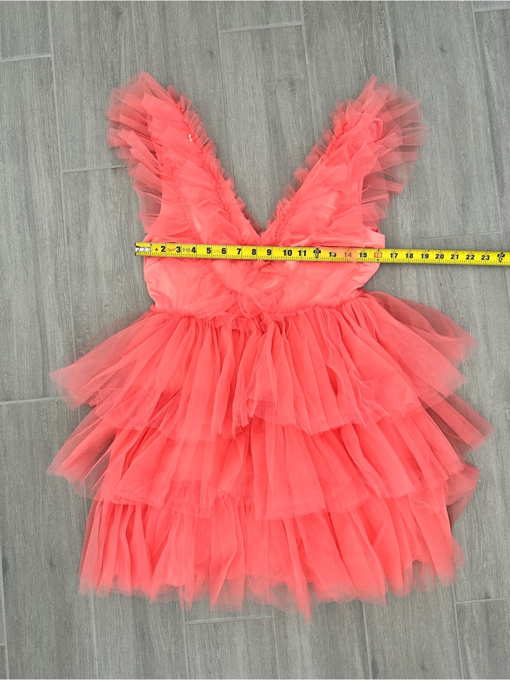 Mable Pink Salmon Solid Tulle Layered Ruffle V-Neck Sleeveless Mini Dress Size L - Picture 8 of 9